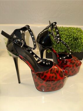 Red Leopard Patent Platform Ankle-Strap Pumps